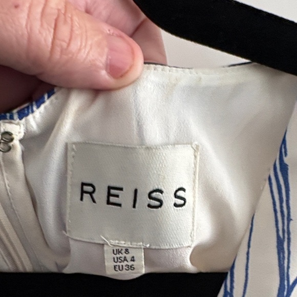 Reiss Cream and Blue Leaf Print Midi Dress with cold shoulders - Picture 2 of 5